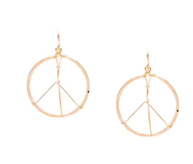 Golden Age Earrings, medium size peace sign hammered hoop earrings in gold plate finish